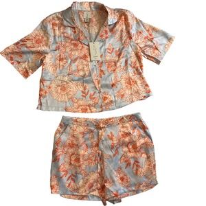 Joie Floral Print Pajama Set Top & Shorts Loungewear Blue‎ Orange Small